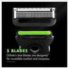 Close-up of 5-blade razor head with green strip and black handle base
