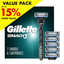 Manual razor handle with cartridge head and six blade refills, silver and black