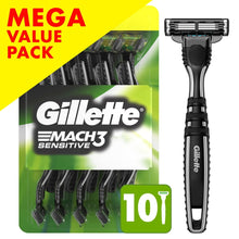 Disposable men's razor with black handle and exposed blades, in 10-pack package