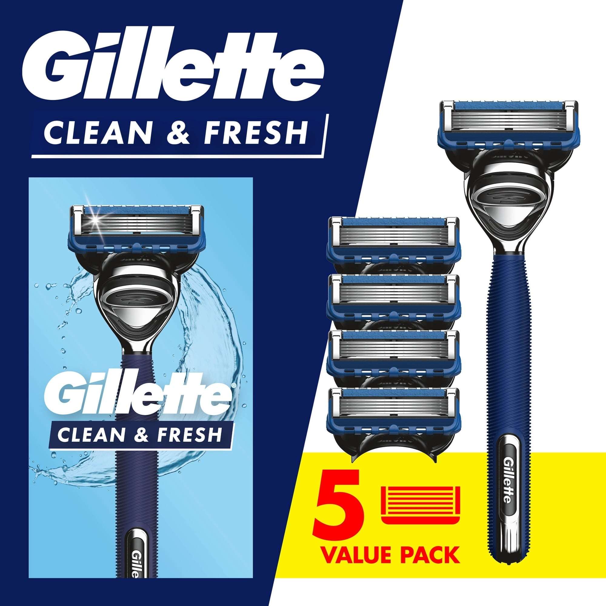 Gillette Mens Razor, Clean & Fresh, Handle + 5 Blade Refills