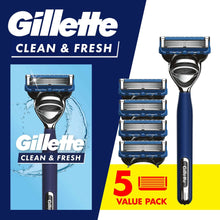 Gillette 5-blade razor with blue handle and 5 blade refills