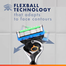 Razor with pivoting flexball head and blue blade cartridge, black and silver.