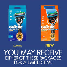 Men's razor handle with blade refill packages, blue and orange.