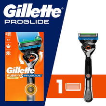 Men's razor handle with blade refill in retail box, blue and dark gray.
