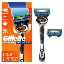 Gillette ProGlide razor with 2 blue blade cartridge refills in orange pack