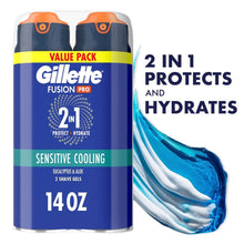 Blue dual-pack shaving gel canister with orange caps; gel swirl beside packaging.