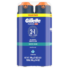 Blue dual-pack shaving gel canisters with orange caps, front value pack view.