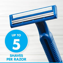 Men's disposable razor with dual blades, blue handle; up to 5 shaves graphic