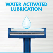 Men's disposable razor blade cartridge with water-activated lubrication droplet icon