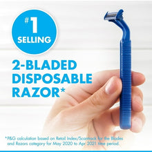 Blue 2-blade disposable razor held by hand, pivoting head design