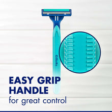 Blue disposable razor with teal easy-grip handle and exposed blade cartridge
