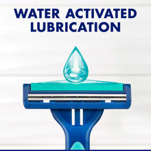 Blue disposable razor with water-activated lubrication cartridge and teal strip