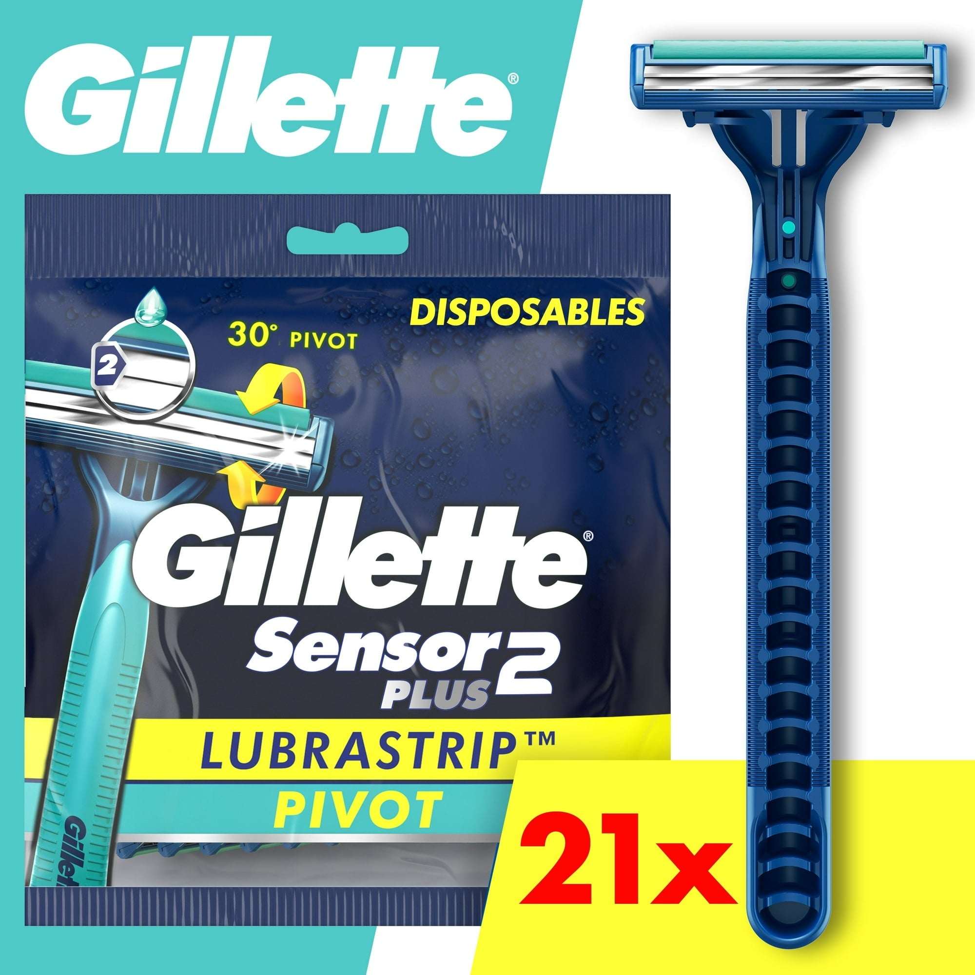 Gillette Sensor2 Plus Pivot Men's Disposable Manual Razor, 21 Razors, Blue