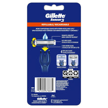 Refillable razor handle and blade cartridges shown on package backing.