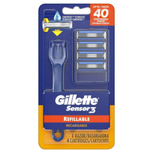 Blue refillable razor handle with four blade cartridges in retail package.