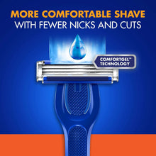 Blue refillable razor handle with multi-blade cartridge and comfort-gel strip.