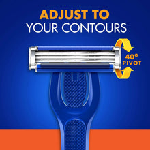 Blue refillable razor head and handle with multi-blade cartridge, adjustable fit.