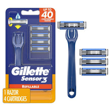 Blue refillable razor handle with four refill cartridges, shown with blade heads.