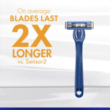 Blue refillable razor handle with multi-blade cartridge, shown upright.