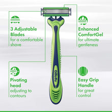 Pivoting disposable razor with 3 adjustable blades, green and blue handle