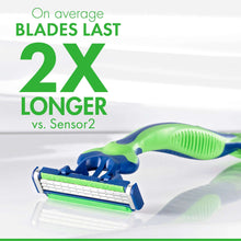 Green and blue disposable razor with cartridge and exposed blades