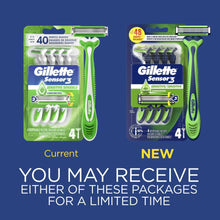 Gillette Sensor3 disposable razor packages, blue background, green-and-blue handles