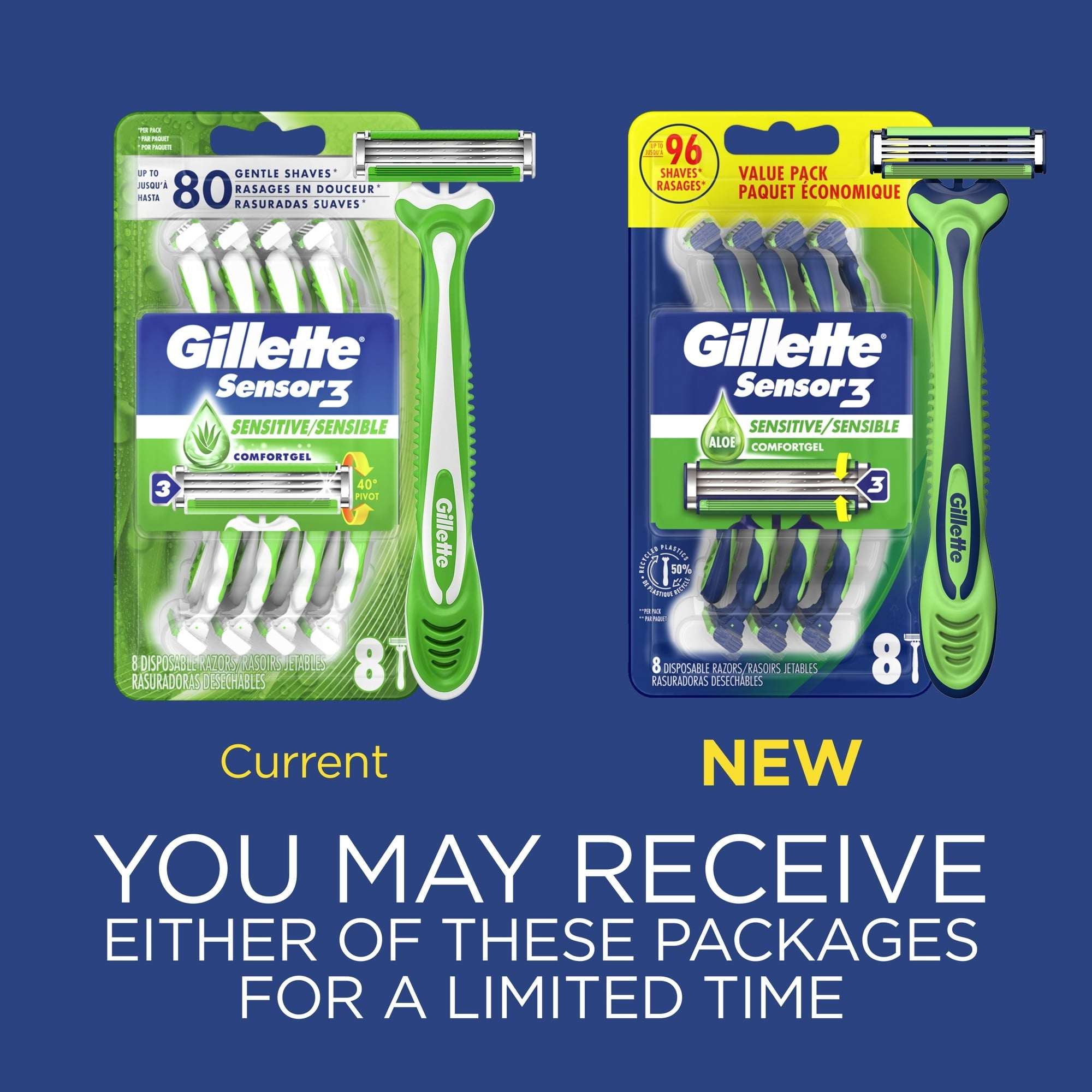 Gillette Sensor 3 Sensitive Men 3 Blade Disposable Razor,8 count