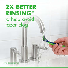 Gillette Sensor 3 razor rinsed under faucet water, green and blue handle