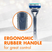 Blue textured rubber handle on disposable razor, silver blade cartridge