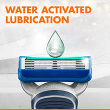 Top view of disposable razor with blue frame, silver blades, water drop icon