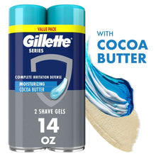 Shave gel twin pack, teal-lidded cans with cocoa butter label