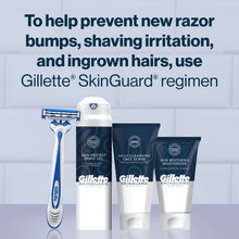 Gillette SkinGuard disposable razor and three skincare tubes in a lineup.