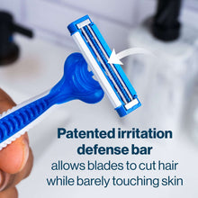 Blue cartridge razor held in hand with visible blades, Gillette SkinGuard.