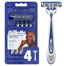 Gillette SkinGuard disposable razor with blue-and-white handle and multi-blade head.