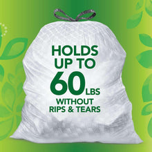 White GLAD ForceFlex StrengthGuard trash bag, holds up to 60 lb without rips