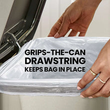 White drawstring trash bag with grip-the-can closure, keeps bag in place