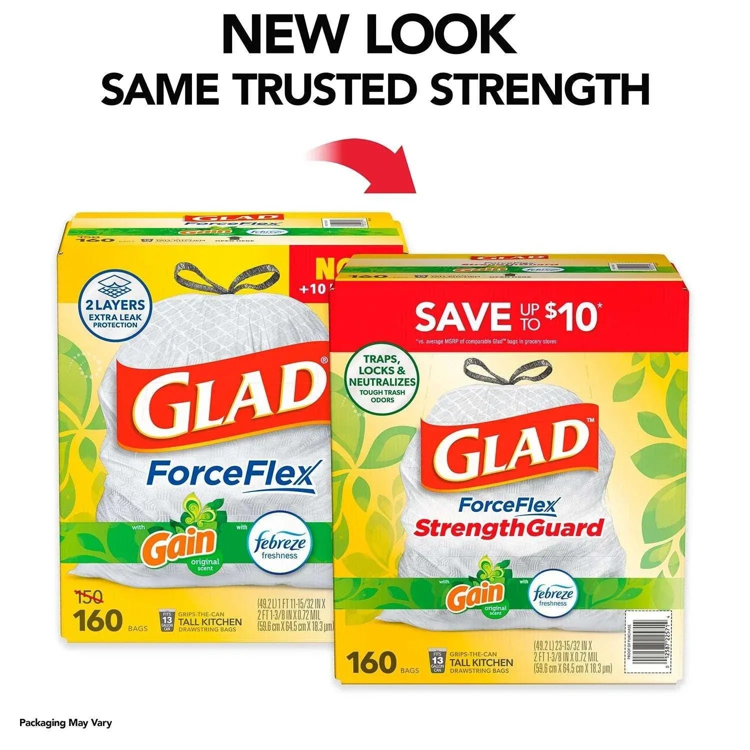 Glad ForceFlex 13-Gallon Kitchen Trash Bags, Gain Original Scent + Febreze, 160 ct.