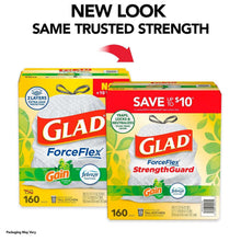 Two-pack kitchen trash bag boxes, GLAD ForceFlex StrengthGuard, Gain and Febreze