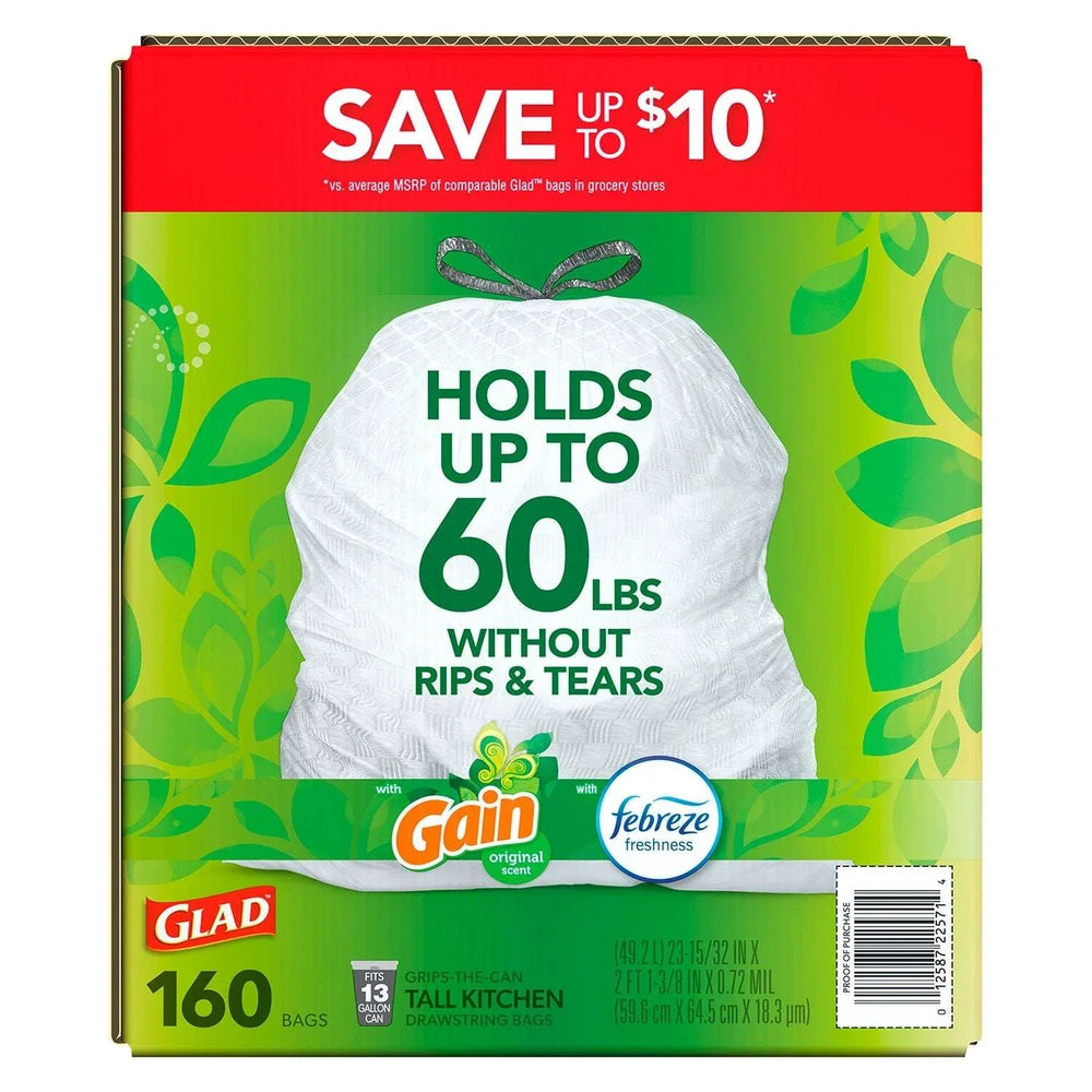 Glad ForceFlex 13-Gallon Kitchen Trash Bags, Gain Original Scent + Febreze, 160 ct. - USA MEGA SHOP