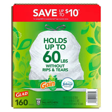 Kitchen trash bag box showing bag capacity holds up to 60 lb, 160-count