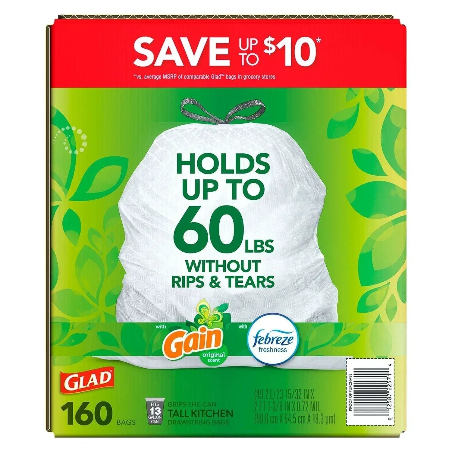 Glad ForceFlex 13-Gallon Kitchen Trash Bags, Gain Original Scent + Febreze, 160 ct.