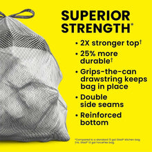 Gray drawstring trash bag pack panel listing superior strength features.
