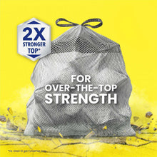 Gray tall kitchen drawstring trash bag, tied top with 2x badge.