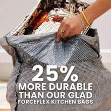 Gray drawstring kitchen trash bag, open on a bin, held by hands.