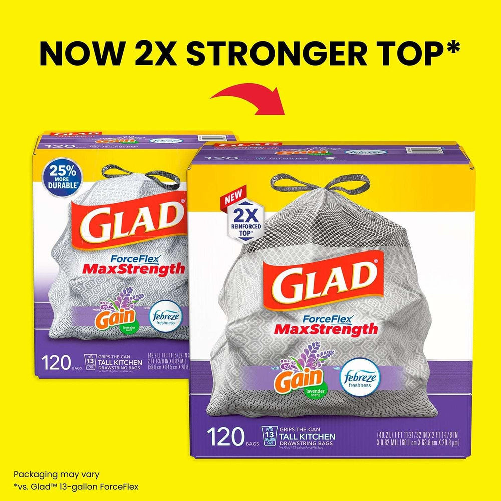 Glad ForceFlex Max Strength Tall Kitchen Drawstring Trash Bags, Gain Lavender 13 gal., 120 ct. - USA MEGA SHOP