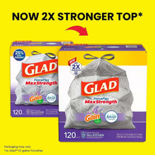 Kitchen trash bag multipack box with tied drawstring bag and 2x top badge.
