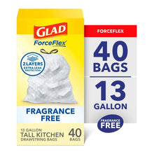 Glad ForceFlex 13-gallon tall kitchen trash bags, 40-count, fragrance-free drawstring box