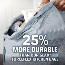 Hand holding kitchen trash bags with 25% more durable text and Glad ForceFlex MaxStrength