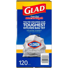 Kitchen trash bags box showing 120 count and Clorox eliminates food and bacterial odors