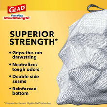 Kitchen trash bag pack with Superior Strength features: grips-the-can and reinforced bottom